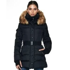 S13 Women’s Chalet Belted Faux Fur Hooded Puffer Long Coat Down Medium Black
